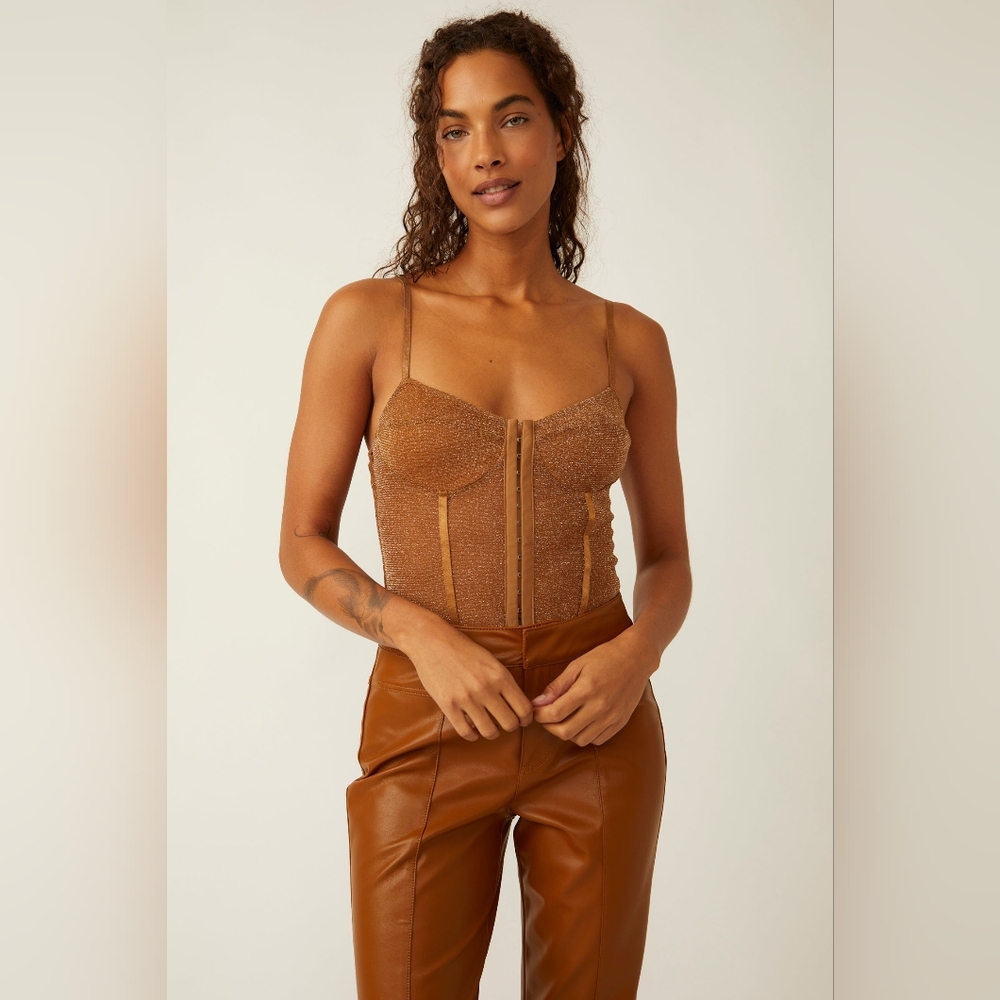 Free People Shimmer Night Rhythm Bodysuit in Bronze